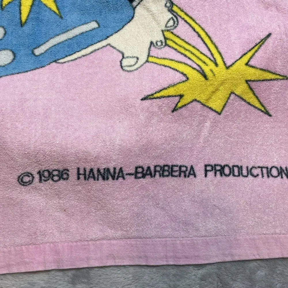 Vintage 1986 The Flinstones Beach Towel The Bedrockers Pink Hanna‎ Barbera Prod